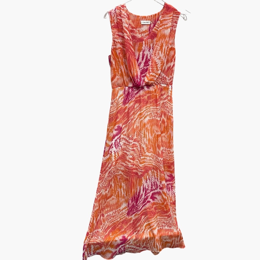 Calvin Klein Womens Orange Pink Abstract V-Neck Sleeveless Maxi Dress Size 8 - Picture 2 of 7